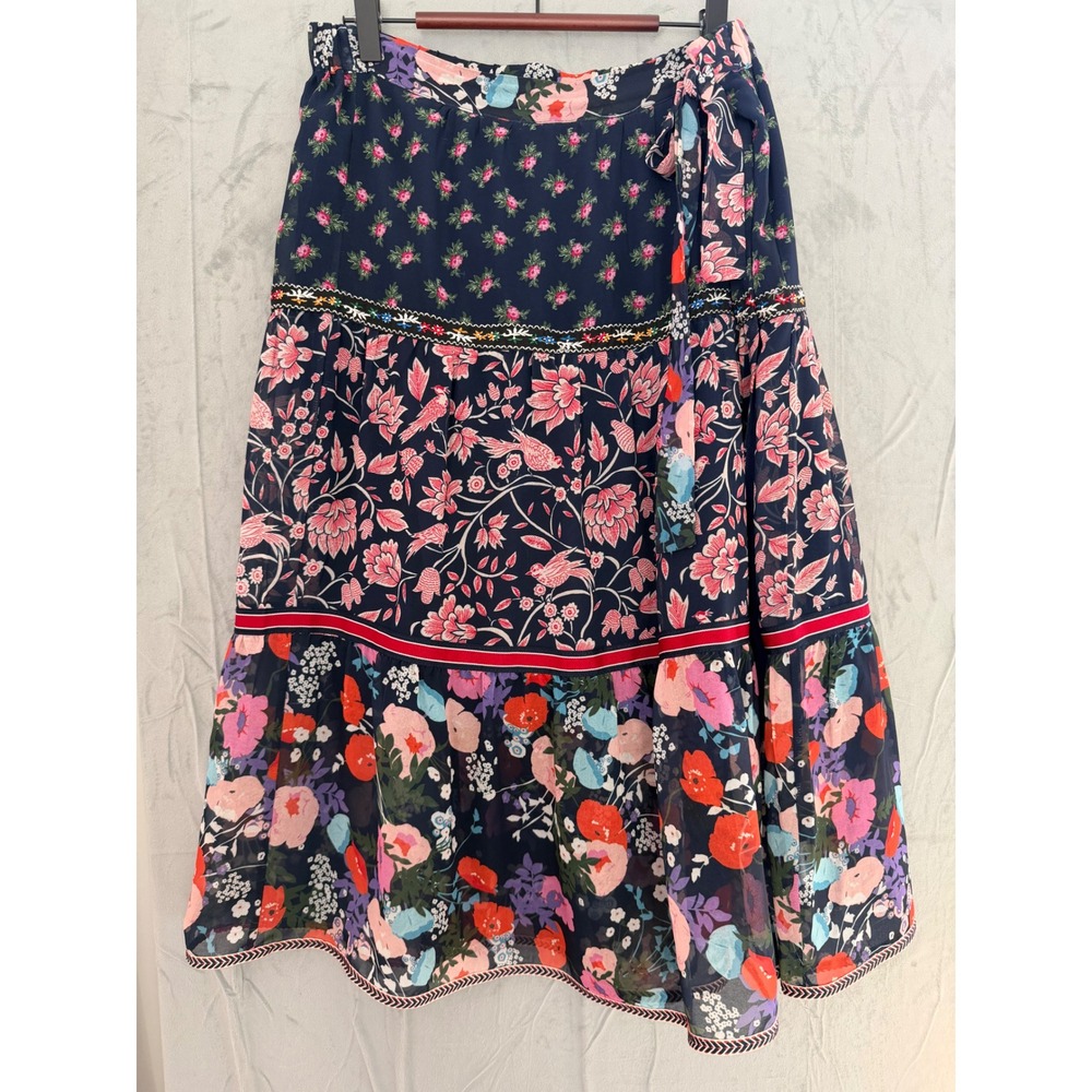 One September Anthropologie Floral Tiered‎ Midi Skirt M Mixed Media Cottage Navy